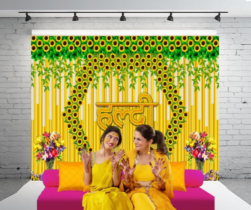 DARSHANAM WORLD Wedding Decorative Cloth for Haldi & Mehndi Ceremony, Photoshoot, Haldi Background Enhancer for Mehndi Ceremony (8x5 ft, 3D Printed Backdrop with Floral & Logo Design) (Yellow) - Image 3