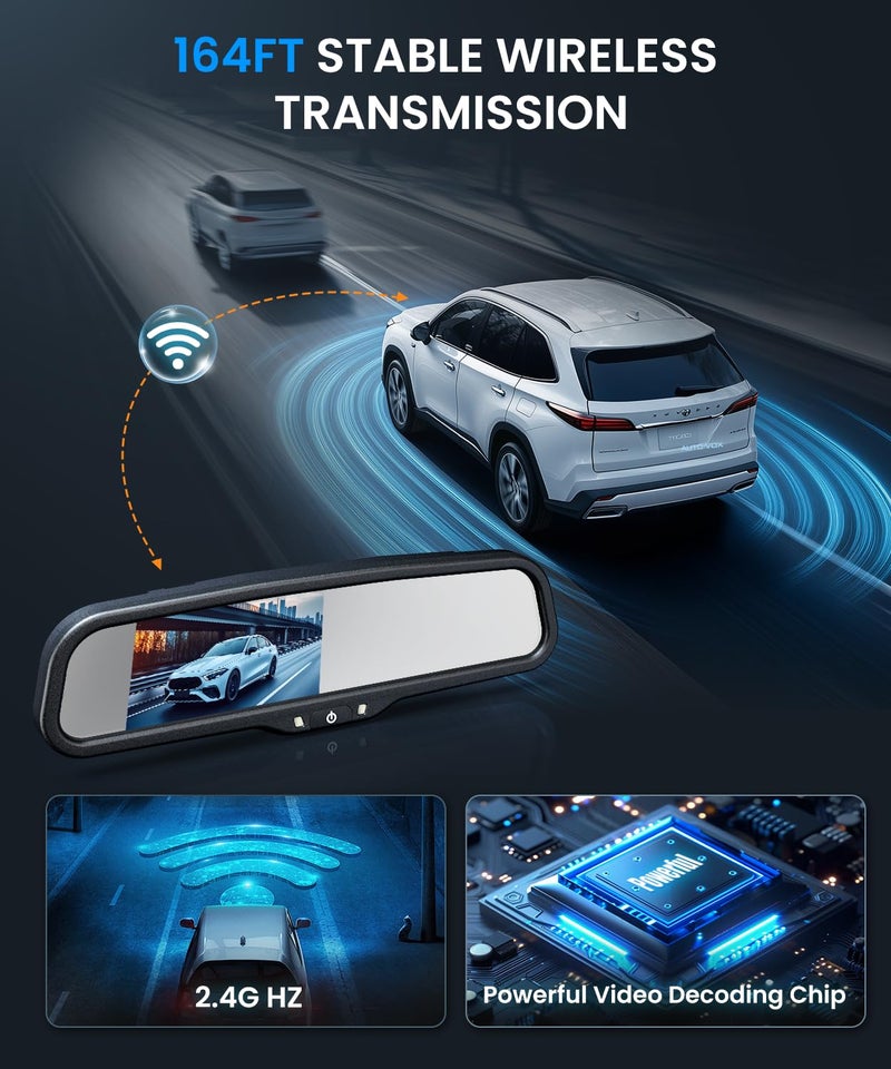 Auto-Vox Rear View Mirror Backup Camera: 4.3'' OEM HD Wireless Backup Camera with Intelligent Light Sensing Display System,IP69 Waterproof, Clear Night Vision Back Up Camera for Car, Truck & Pickup - Image 3