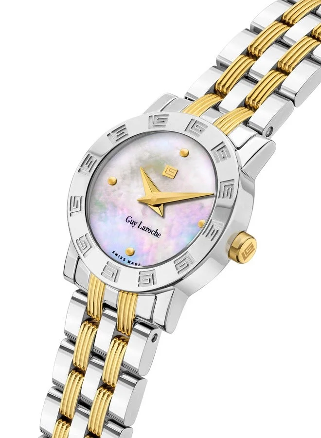 غاي لاروش ساعة أليكس نسائية سويسرية بقرص من عرق اللؤلؤ الأبيض وسوار من الستانلس ستيل