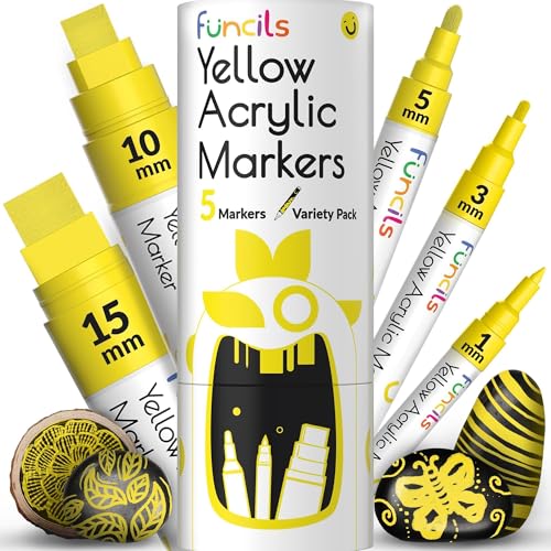 Funcils 5 Acrylic Yellow Paint Pen Extra Fine Tip Thin Jumbo 1mm 3mm 6mm 10mm 15mm Yellow Paint Marker for Metal Fabric Canvas Wood Rock Painting Glass Markers Waterbased ink - Image 1