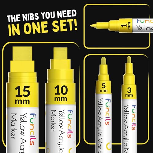 Funcils 5 Acrylic Yellow Paint Pen Extra Fine Tip Thin Jumbo 1mm 3mm 6mm 10mm 15mm Yellow Paint Marker for Metal Fabric Canvas Wood Rock Painting Glass Markers Waterbased ink - Image 3