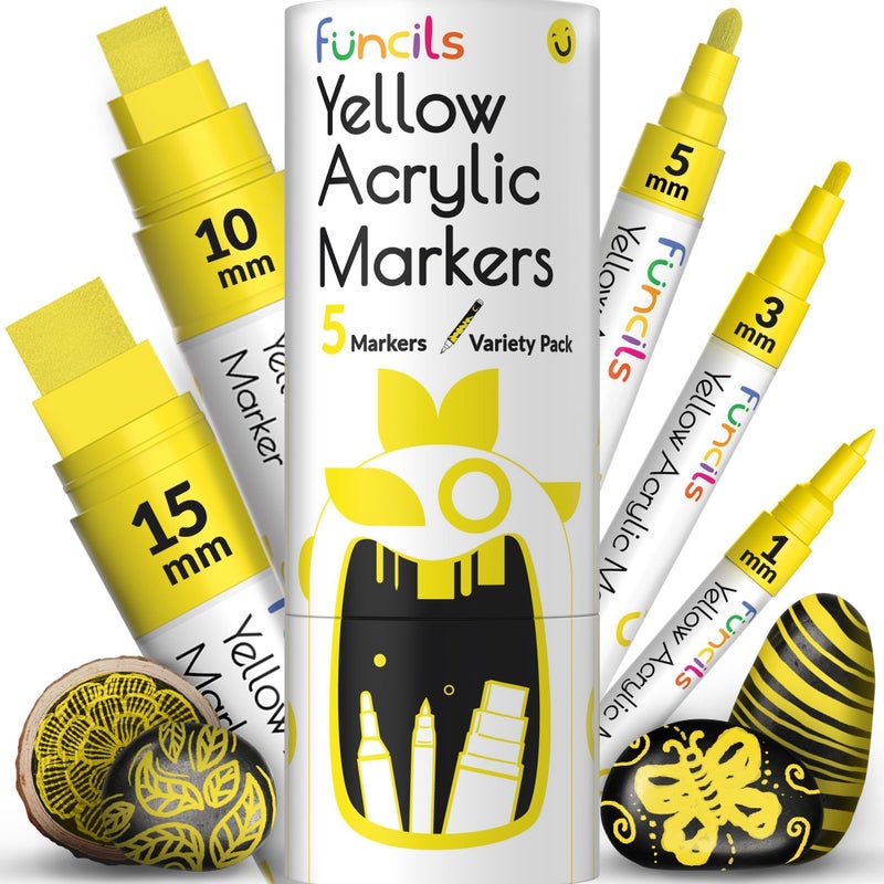 Funcils 5 Acrylic Yellow Paint Pen Extra Fine Tip Thin Jumbo 1mm 3mm 6mm 10mm 15mm Yellow Paint Marker for Metal Fabric Canvas Wood Rock Painting Glass Markers Waterbased ink - Image 2
