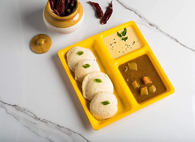 Coolkart 3 Compartment Snacks Plate Pav Bhaji Plate Appetizer Plates for Home Kitchen Dining Table Restaurant 9x9 Inches Yellow Sectioned Plate Pack of 4 Microwave Safe - Image 5