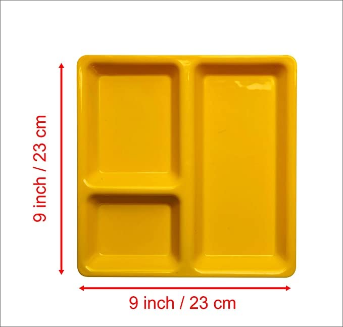 Coolkart 3 Compartment Snacks Plate Pav Bhaji Plate Appetizer Plates for Home Kitchen Dining Table Restaurant 9x9 Inches Yellow Sectioned Plate Pack of 4 Microwave Safe - Image 3