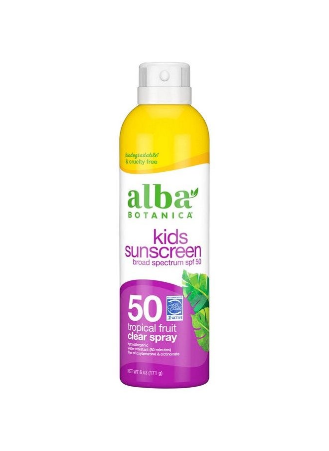 Alba Botanica Kids Sunscreen for Face and Body Tropical Fruit Sunscreen Spray for Kids Broad Spectrum SPF 50 Water Resistant and Hypoallergenic 6 fl oz Bottle  - Image 1
