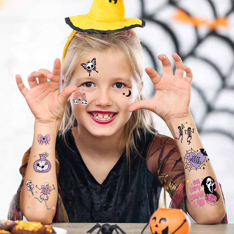 Sevgob Precision polished solid material Halloween Temporary Tattoos Cartoon Witch Pumpkin Fake Tattoos Styles Mixed Ghost Skeleton Castle Tattoos Stickers Waterproof Spider Web Magician Tattoos for Boys Girls Body Art Makeup 30 Sheets Main road full logistics cover - Image 4
