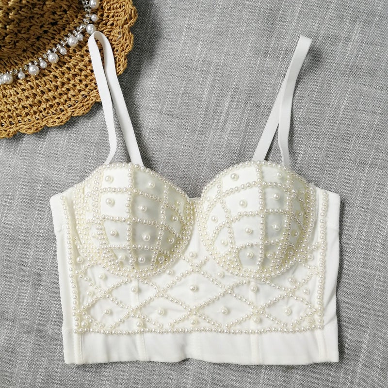Pearl Strappy Crop Camisole Top for Women - Adjustable Spaghetti Straps, Removable Pads, Elegant Going Out Vest