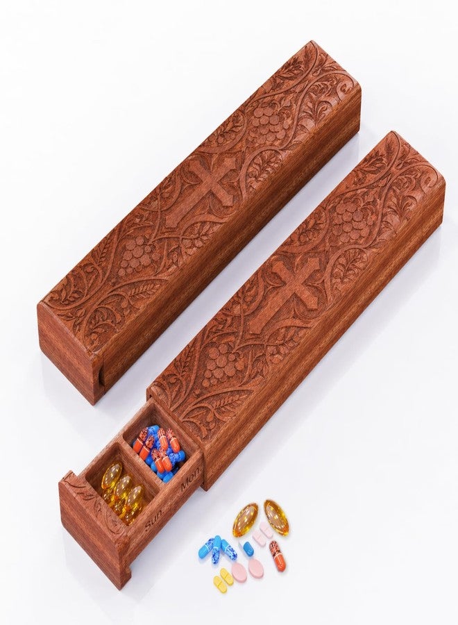OYTKWU Healing Grace 7 Day Wooden Pill Organizer,Christian Cross Engraved Natural Wood Portable Pill Box for Vitamins Supplements Medication (Sapele Plus-Healing - Image 1