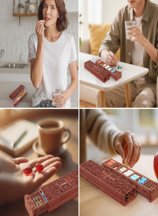 OYTKWU Healing Grace 7 Day Wooden Pill Organizer,Christian Cross Engraved Natural Wood Portable Pill Box for Vitamins Supplements Medication (Sapele Plus-Healing - Image 4