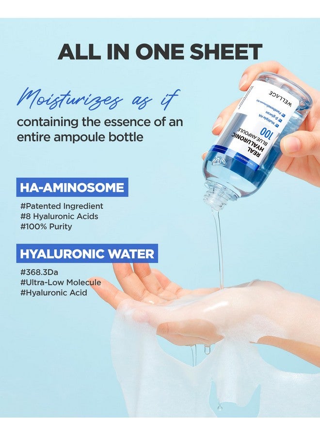 قناع الوجه أمبولة حمض الهيالورونيك الأزرق الحقيقي - ترطيب عميق، وتعزيز الرطوبة مع حمض الهيالورونيك منخفض الجزيئات للغاية بتركيز 10000 جزء في المليون - ورقة كشمير نباتية ناعمة للبشرة الحساسة، 5 أوراق