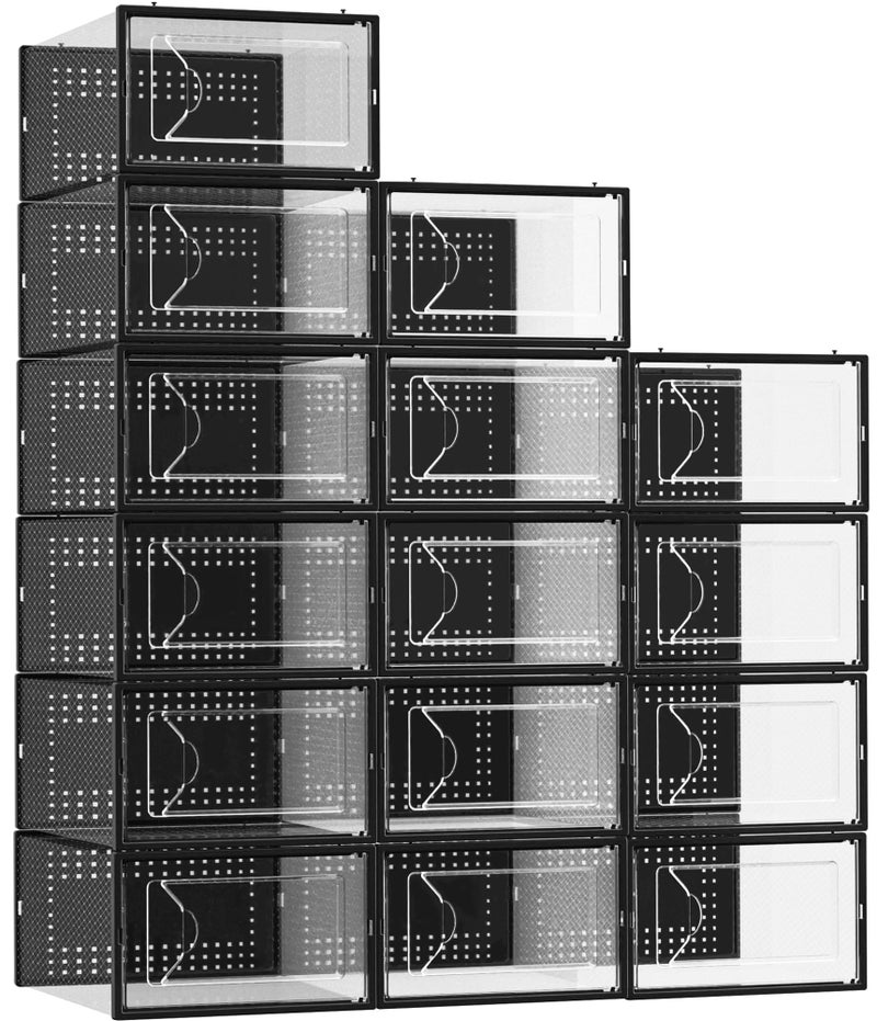 Foluck Shoe Storage Box 15 Pack Clear Plastic Stackable Shoe Organizer for Closet Interlocking Design for Sneakers Foldable Shoes Container Rack with Lids Black