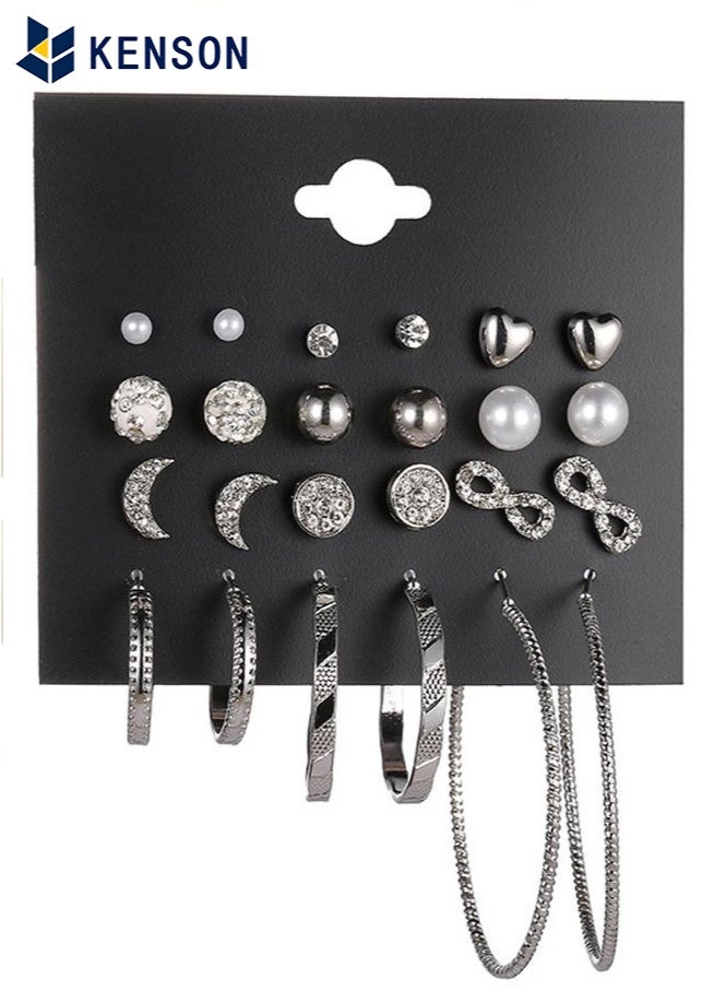 KENSON 12 Pairs Hypoallergenic Fashion Stud Earrings Set for Women ,Large Ear Ring&Moon Ear Piercing, Multi-StylesEarring Jewelry Silver - Image 1