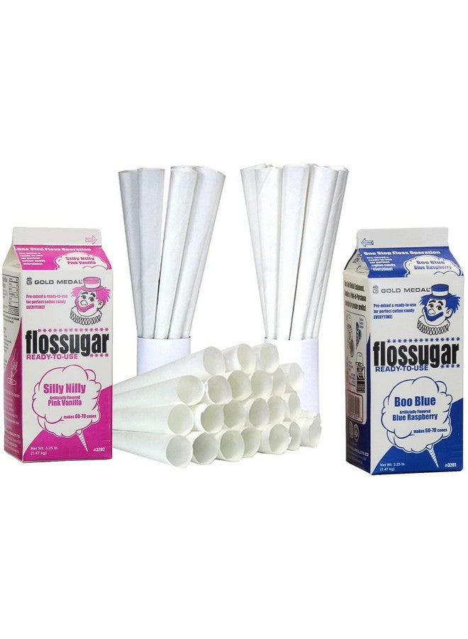 Perfectware Pack of 2 Cotton Candy Rope Candy 100 Pieces Paper Cotton Candy Cones. Pink Vanilla and Blue Raspberry. (Two 1.5kg Containers with 100 Cotton Candy Containers) - Image 1