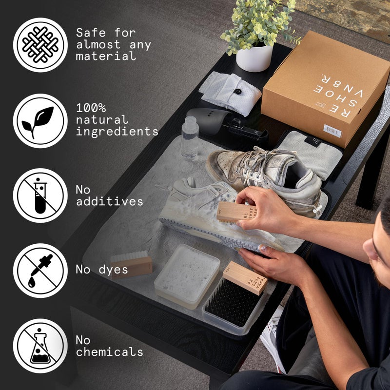 Reshoevn8r Shoe Cleaner Sneakers Kit, Signature Kit - Sneaker Cleaner for Suede Canvas Leather Mesh Knit Nubuck Shoes - 4oz Cleaning Solution & Conditioner, 2 Shoe Trees, 3 Brushes & Microfiber Towel - Image 5