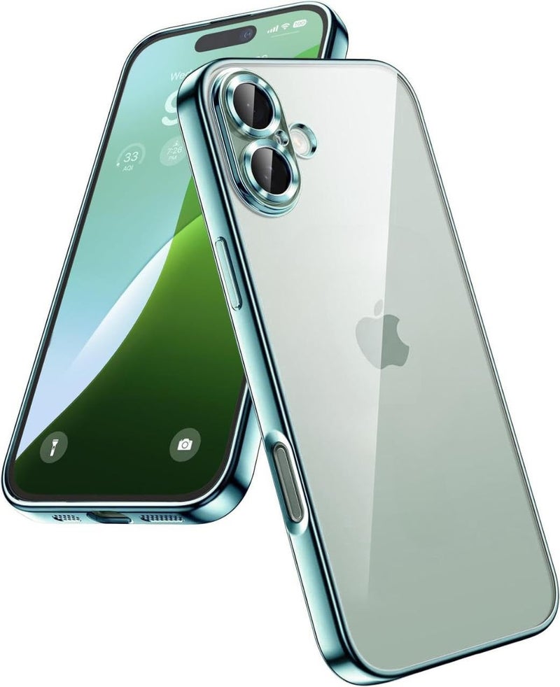 VONZEE Electroplated Transparent Clear Transparent Cover for iPhone 16, TPU Cover Full Body & Individual Camera Protection Bumper Cases for Men & Women (Teal Green) - Image 1