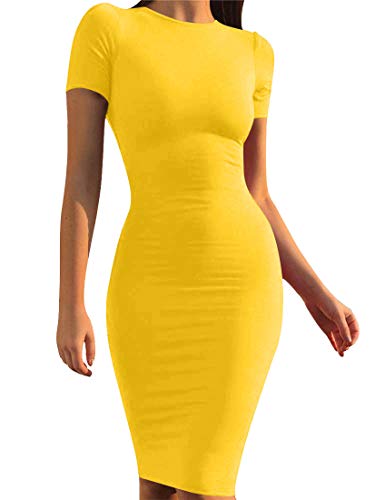Mokoru Women's Casual Basic Pencil Dress Sexy Long Sleeve Bodycon Midi Club Dress, Large, Short Sleeve Yellow - Image 4
