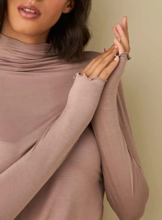 Splash FAV High Neck Long Sleeves Top with Lettuce Hem