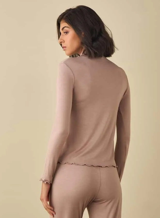 Splash FAV High Neck Long Sleeves Top with Lettuce Hem
