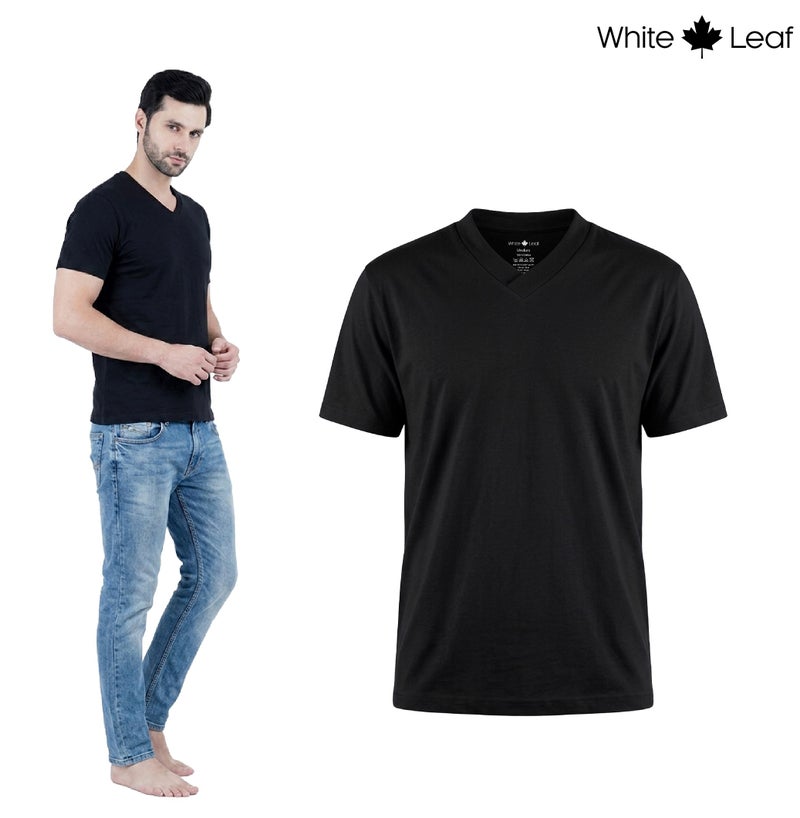 WHITE LEAF Men's V-Neck T-Shirt 1 Piece – 100% Combed Cotton Breathable Comfortable Casual Wear, Black (WLMVNTUG-13-S) - Image 1