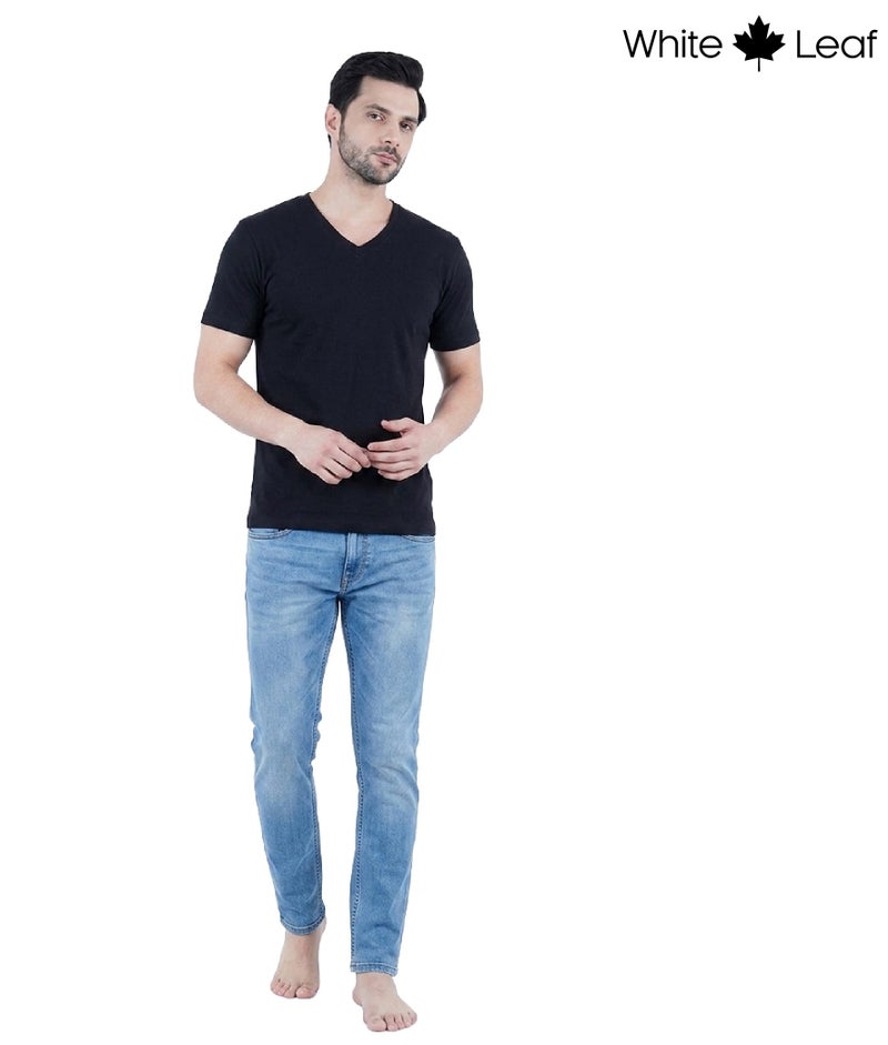 WHITE LEAF Men's V-Neck T-Shirt 1 Piece – 100% Combed Cotton Breathable Comfortable Casual Wear, Black (WLMVNTUG-13-S) - Image 3