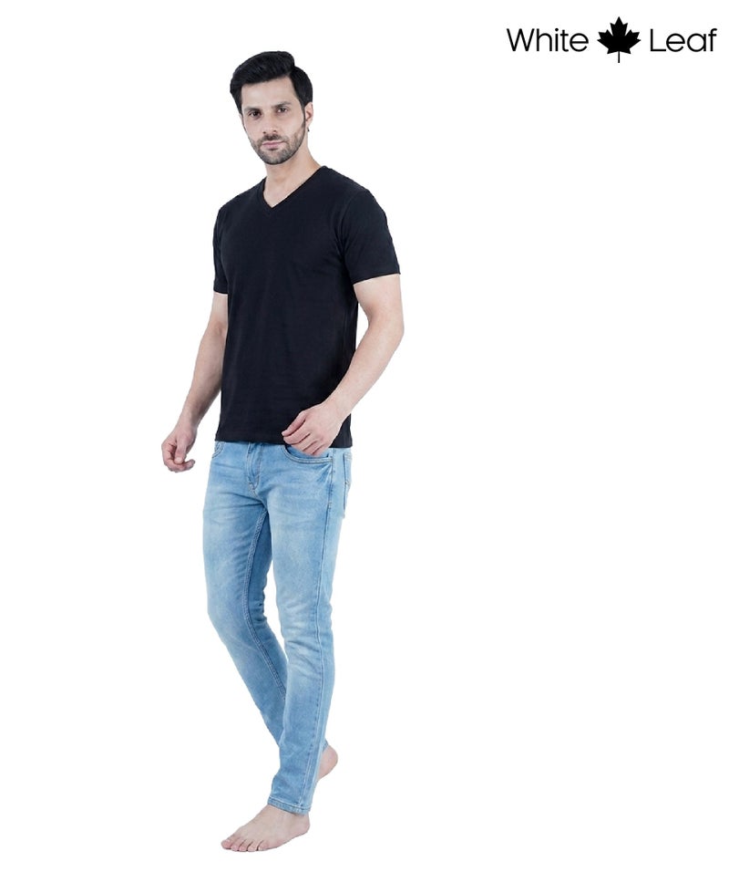 WHITE LEAF Men's V-Neck T-Shirt 1 Piece – 100% Combed Cotton Breathable Comfortable Casual Wear, Black (WLMVNTUG-13-S) - Image 4