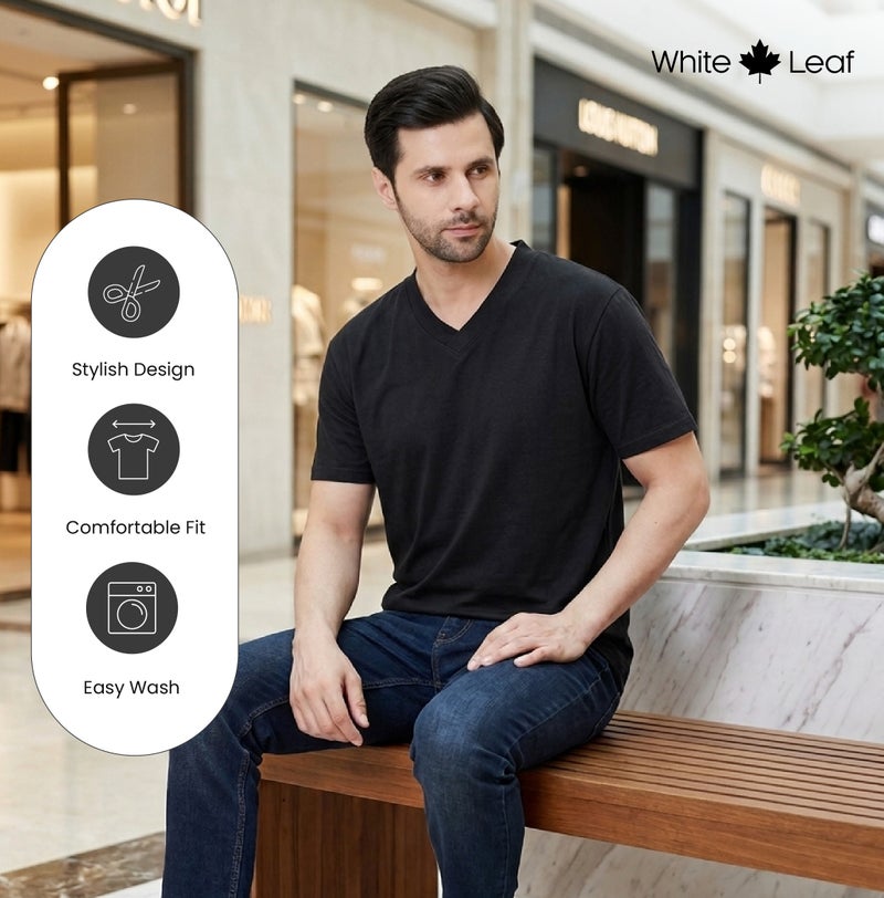 WHITE LEAF Men's V-Neck T-Shirt 1 Piece – 100% Combed Cotton Breathable Comfortable Casual Wear, Black (WLMVNTUG-13-S) - Image 5