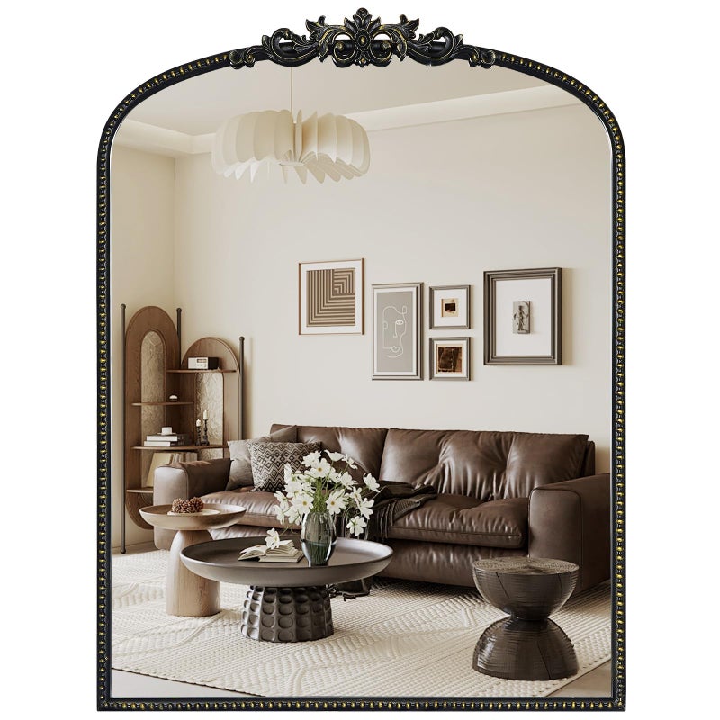 WallBeyond Black Vintage Mirror for Vanity 24x32 Inch, Black Antique Mirror with Ornate Frame, Arched Vintage Wall for Bathroom, Living Room, Fireplace, Entryway - Image 1