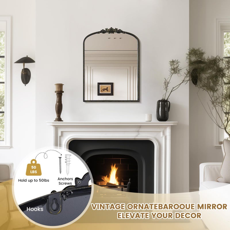 WallBeyond Black Vintage Mirror for Vanity 24x32 Inch, Black Antique Mirror with Ornate Frame, Arched Vintage Wall for Bathroom, Living Room, Fireplace, Entryway - Image 4