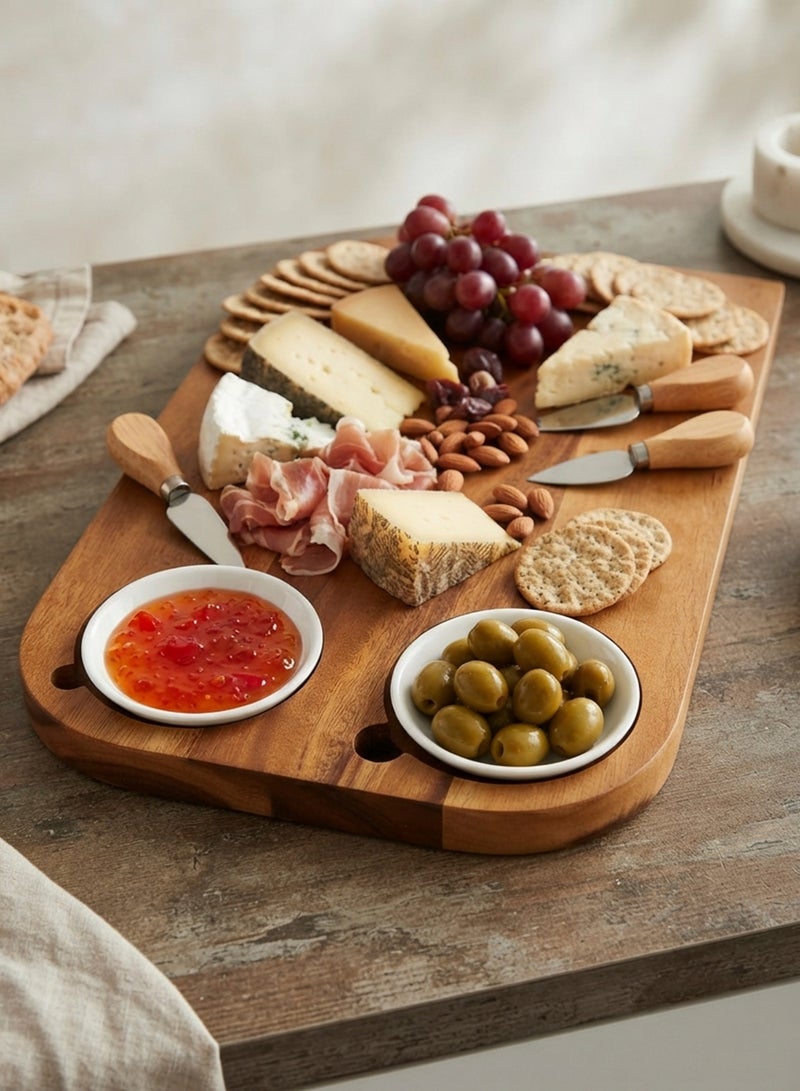 Billi Wooden Serving Board With 2 Pcs Ceramic Dip Bowl, Wooden Steak Plate Food Platter - Image 5
