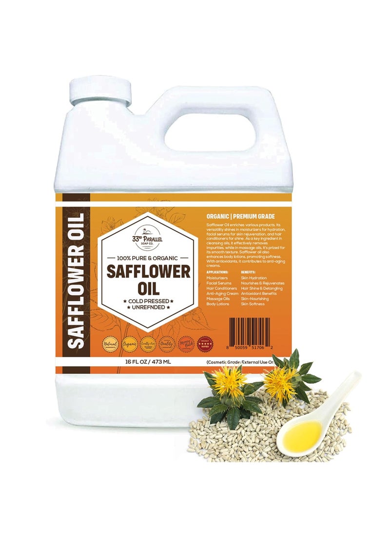 33RD PARALLEL SOAP CO. - Organic Safflower Oil 16 oz Premium Cold Pressed Unrefined  100 Pure Safflower Oil for Skin Face Hair Soap Making  Carrier for Essential Oils  Available in Bulk  16 FL OZ - Image 1