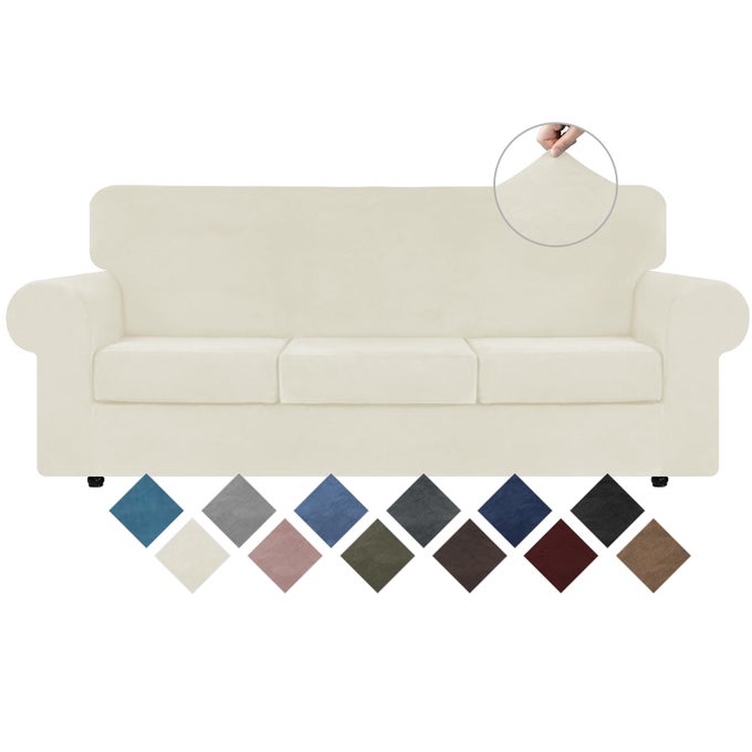 4 Pieces Velvet High Stretch Couch Covers for 3 Cushion Couch Sofa Slipcovers Washable Furniture Protector with Non Slip Elastic Bottom Feature Soft and Thick Plush Fabric Ivory Large