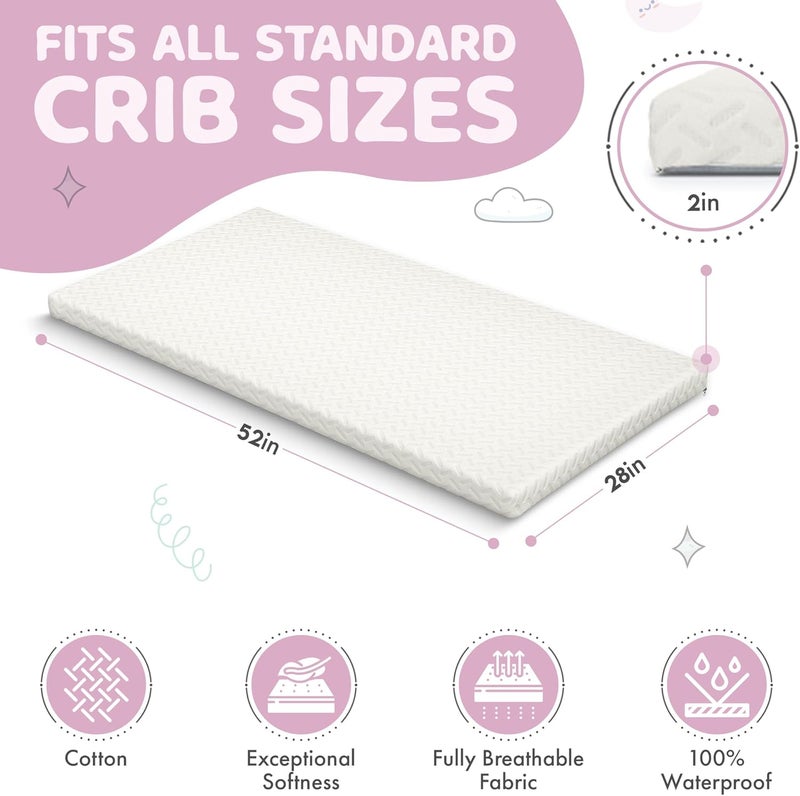 Sleepah 2 Crib Mattress Topper Memory Foam  Waterproof Breathable Soft Washable Cover 52 x28 x 2 Fits Standard Size Cribs  Toddler Beds by Sleepah - Image 2
