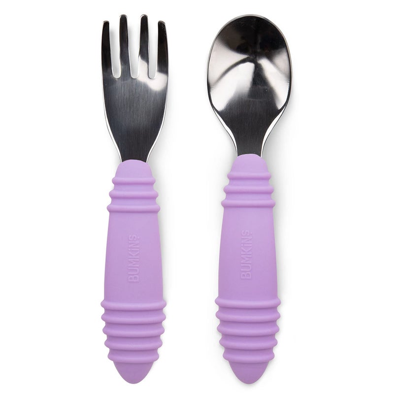 Bumkins Toddler Utensils, Kids Size Fork and Spoon Set, Silicone and Stainless-Steel Training Silverware, Angled Forks / Sporks for Self-Feeding, Children Hold Learning to Eat, 18 Months Up, Lavender - Image 1