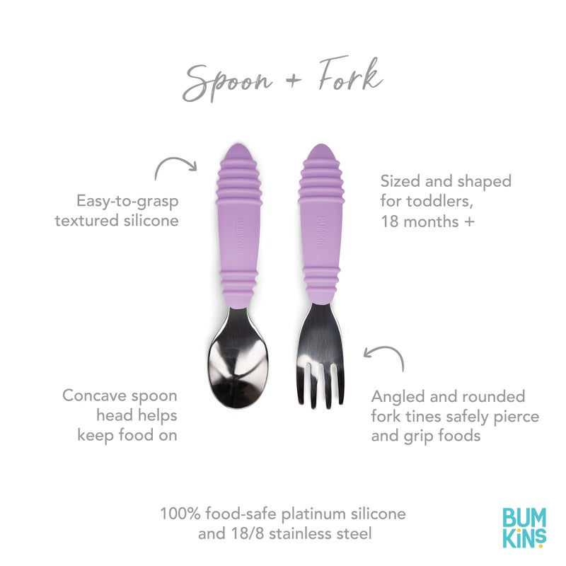 Bumkins Toddler Utensils, Kids Size Fork and Spoon Set, Silicone and Stainless-Steel Training Silverware, Angled Forks / Sporks for Self-Feeding, Children Hold Learning to Eat, 18 Months Up, Lavender - Image 4