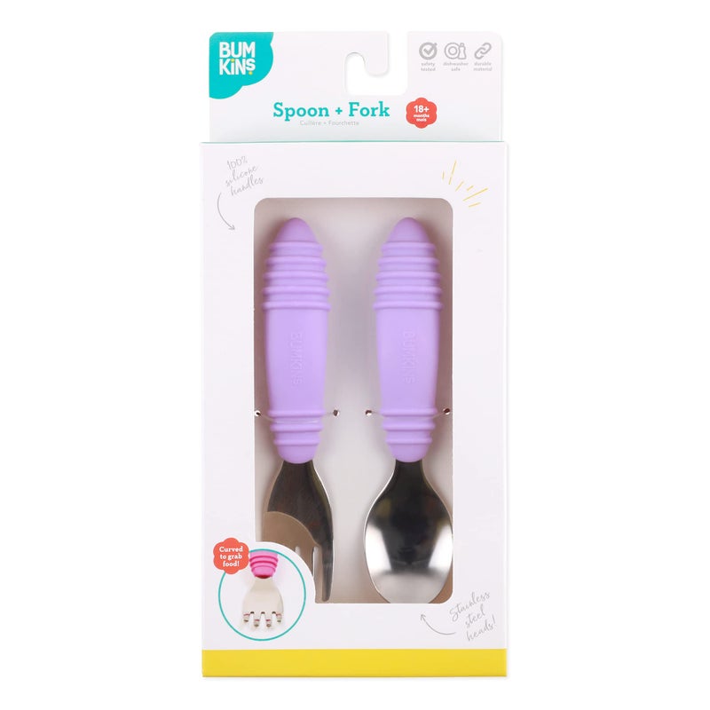 Bumkins Toddler Utensils, Kids Size Fork and Spoon Set, Silicone and Stainless-Steel Training Silverware, Angled Forks / Sporks for Self-Feeding, Children Hold Learning to Eat, 18 Months Up, Lavender - Image 5