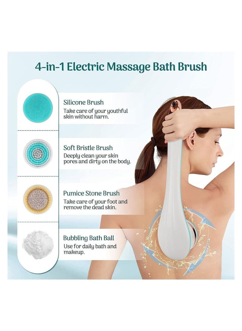Electric Body Brush, Scrubber Shower Brush with Long Handle, Back 4 Spin Heads, USB Rechargeable Silicone for Cleansing Exfoliation Waterproof and Non-Slip - Image 3