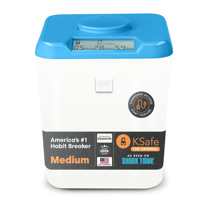 Kitchen Safe Time Locking Container (Medium), Timed Lock Box for Cell Phones, Snacks, and other unwanted temptations (Blue Lid + 5.5” White Base with Access Port) - Image 1