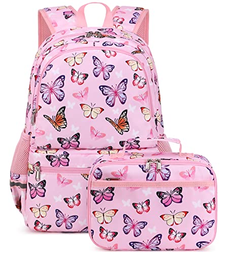 JIANYA Girls Backpack for School Elementary Kids Bookbag School Bag with Lunch Box Butterfly Pink - Image 1