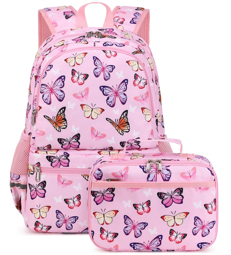 JIANYA Girls Backpack for School Elementary Kids Bookbag School Bag with Lunch Box Butterfly Pink - Image 2