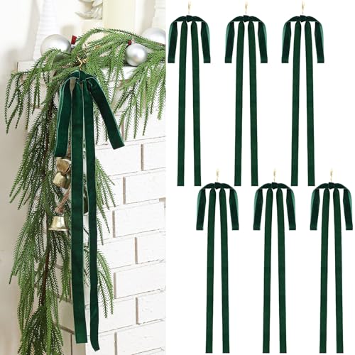 Janinka 6 Pcs Green Velvet Ribbon Bows Christmas Tree Decorations 235x155 Inch Rustic Neutral Large Velvet Vintage Christmas Swag Ornaments Staircase Wreath Bows Tree Topper Bow - Image 1