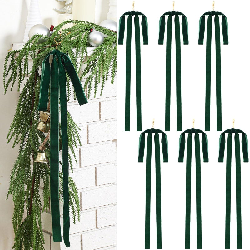 Janinka 6 Pcs Green Velvet Ribbon Bows Christmas Tree Decorations 235x155 Inch Rustic Neutral Large Velvet Vintage Christmas Swag Ornaments Staircase Wreath Bows Tree Topper Bow - Image 2