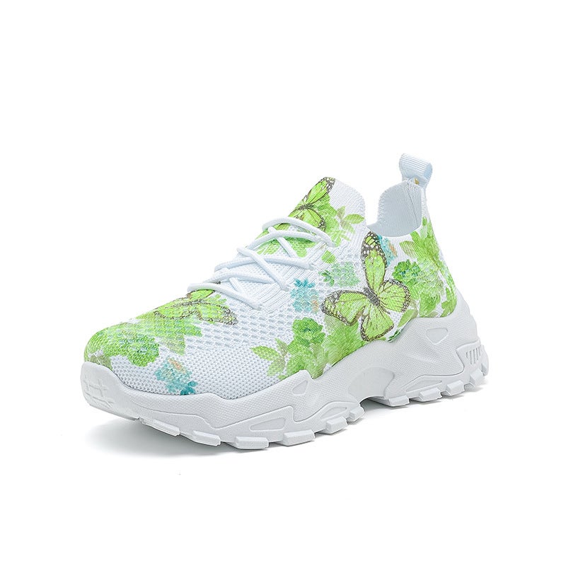 2025 Spring New Large Size Dad Shoes For Women Casual Fly Mesh Flower Lace-Up Thick Heel Dad Shoes For Women - Image 1