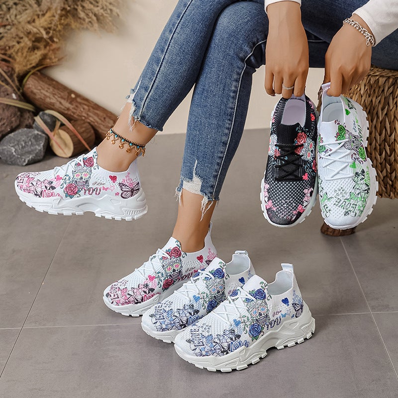 2025 Spring New Large Size Dad Shoes For Women Casual Fly Mesh Flower Lace-Up Thick Heel Dad Shoes For Women - Image 2