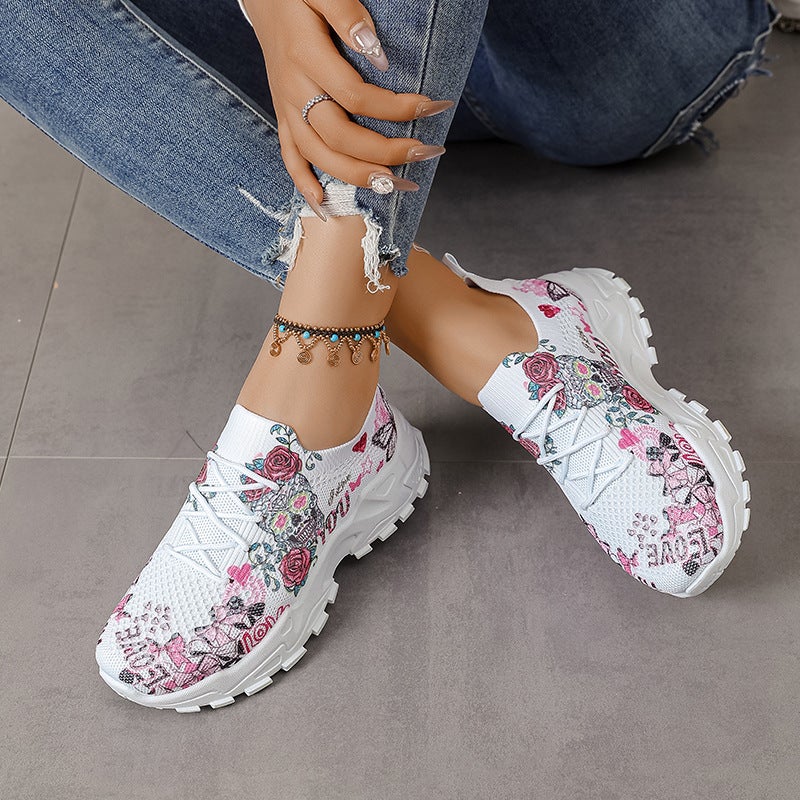 2025 Spring New Large Size Dad Shoes For Women Casual Fly Mesh Flower Lace-Up Thick Heel Dad Shoes For Women - Image 4