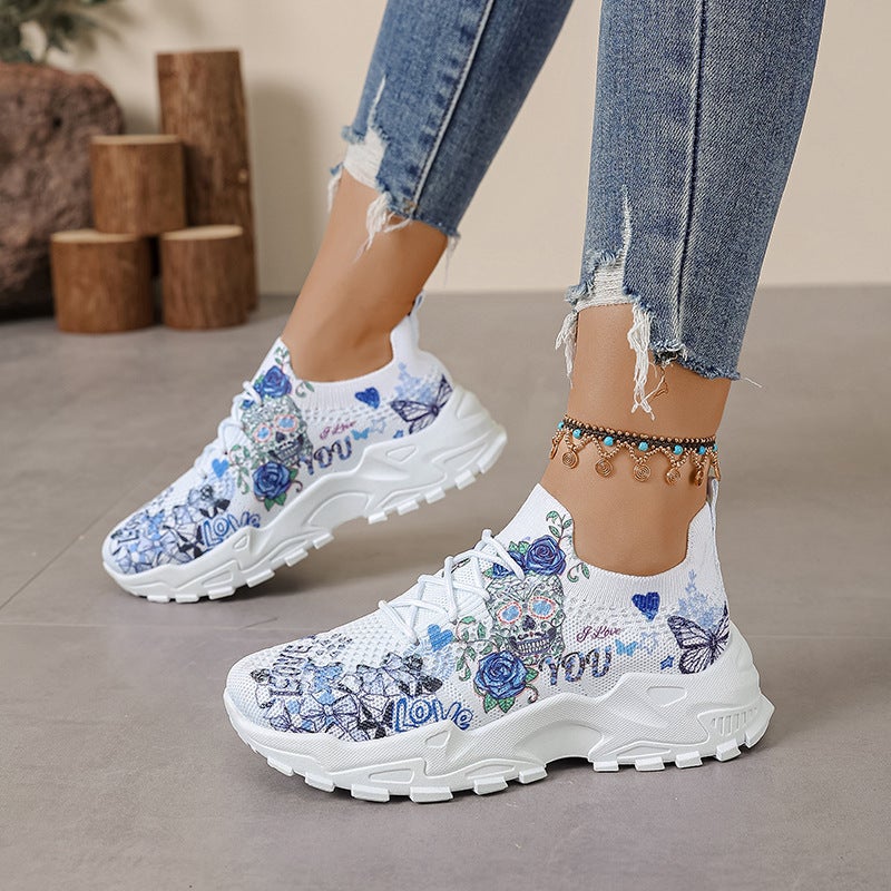2025 Spring New Large Size Dad Shoes For Women Casual Fly Mesh Flower Lace-Up Thick Heel Dad Shoes For Women - Image 5