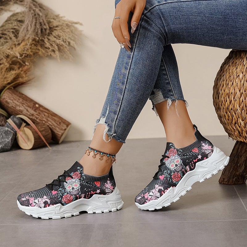 2025 Spring New Large Size Dad Shoes For Women Casual Fly Mesh Flower Lace-Up Thick Heel Dad Shoes For Women - Image 3