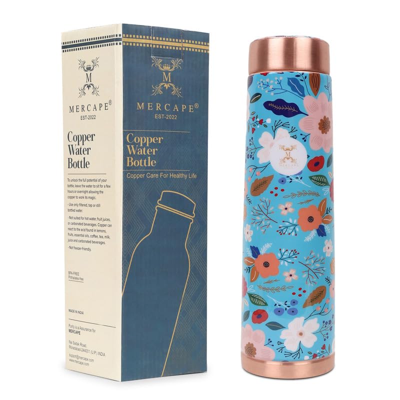 MERCAPE® MERCAPE Discover Ayurvedic Benefits Pure Copper Water Bottle  Multi Colored Design Leak Proof 950ml - Image 1