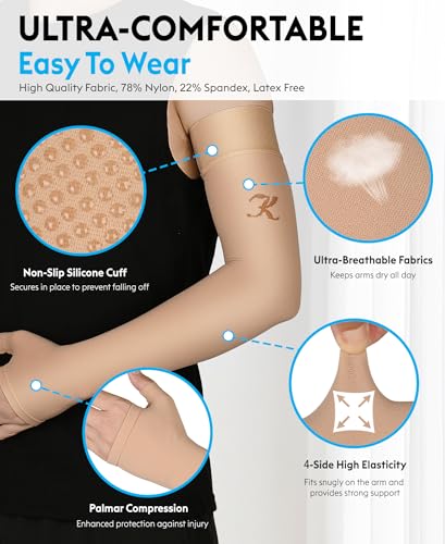 KEKING Lymphedema Compression Arm Sleeve with Gauntlet for Women Men, 20-30 mmHg Medical Graduated Compression Arm Brace, Full Arm Support Brace for Pain Relief, Arthritis, Swelling, Single Beige L - Image 3
