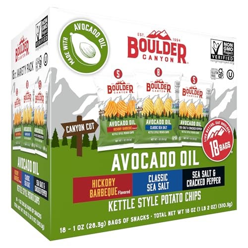 Boulder Canyon Avocado Oil Kettle Style Potato Chips Variety Pack, 18 Count - Gluten-Free, Non-GMO, Hickory Barbecue, Classic Sea Salt, Sea Salt & Cracked Pepper (1 oz Bags) - Image 1
