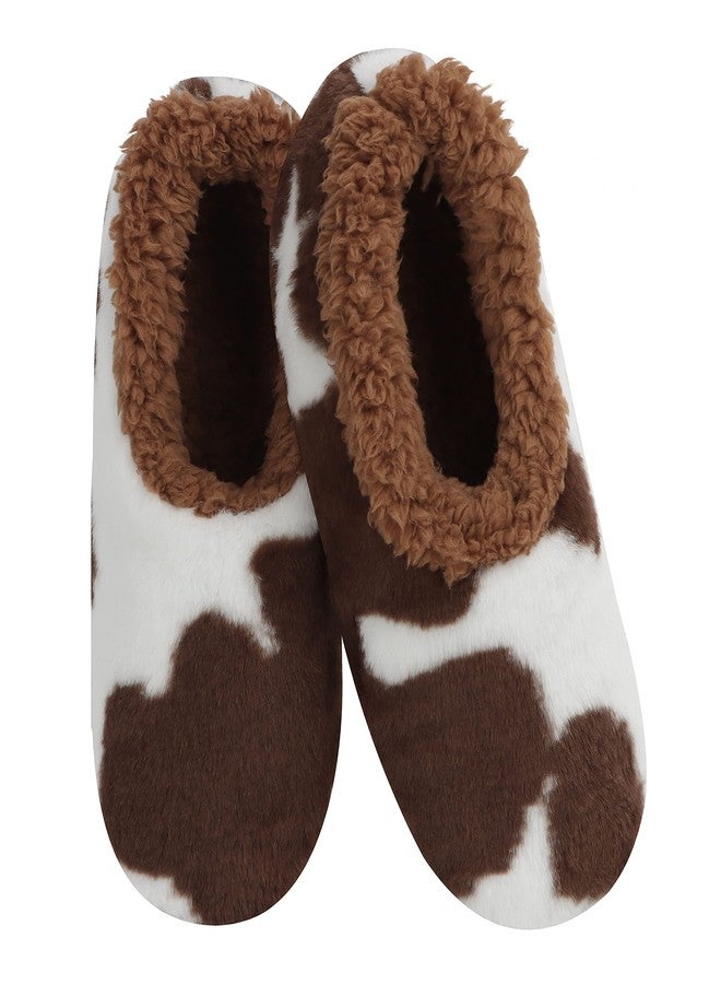 Snoozies Womens slipper socks - Cow Print - Brown & White - Large - Cute Cow Slippers for Women - Image 1
